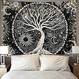 Betylifoy Baum des Lebens Tapisserie Mond und Sonne Schwarzer Wandbehang Tapisserie Psychedelisches Mandala Sternenhimmel Wandteppich Hippie Tapisserie für Schlafzimmer (148x200cm)