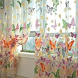 Lommer Vorhang Transparent, 2er 200x100CM Gardinen Set Beflockung Fenstersiebung Voile Schlaufenschal Tüll Fenster Vorhang Garn für Schlafzimmer und Wohnzimmer, Schmetterlingsmuster (Bunt)