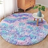 MARATIP Plüsch Teppich Rund,Flauschiger Teppich Rund, modernes Wohnzimmer, Kinder Mädchen,weicher und Flauschiger Teppich für das Schlafzimmer/Wohnzimmer/Kinderzimmer(Blau Lila,Ø 120 cm Runde)