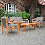 Lounge Set 4-teilig, Outdoor Gartenmöbel-Set mit Gartensofa 2-Sitzer, 2 Gartensessel, Beistelltisch, Terrassenmöbel aus Holz inkl. Sitzkissen – Akazie
