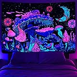 Yrendenge Schwarzlicht Pilz Wandteppich UV Mond Pilze Wandtuch, Fluoreszierend Pflanzen Sternenhimmel Wandteppich Aesthetic Wandbehang für Schlafzimmer Schlafsaal 59*51 inch (150*130cm)