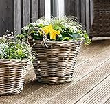 Dekoleidenschaft Pflanzkorb Rattan rund, groß, Ø 40x30 cm, grau gekalkt, Blumentopf, Pflanztopf, Pflanzkübel für Draußen, Blumenkübel