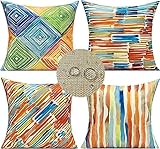 Kissenbezug 45x45cm Geometrischer Streifen Kissenbezüge Outdoor wasserdichte Leinen Kissenhülle Sommer Outdoor Orange Doppelseitig Deko Sofakissen Bezug für Auto Home Garten Wohnzimmer, 4er Set H-2281
