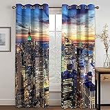 Vorhänge Blickdicht 3D Stadt Sonnenuntergang Nacht-Szene Gardinen Verdunkelungsvorhänge 200x214 Cm Verdunklungsvorhänge Ösen, Drucken Curtains Für Schlafzimmer Wohnzimmer Deko, Verdunklungsgardine