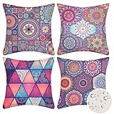 Zierkissenbezüge 45 x 45cm Wasserdicht Leinen Kissenbezüge 4er Set Mandala Blumen Dreieck Geometrisch Muster Boho Dekokissen Kissenbezug für Sofa Couch Outdoor Deko Lila