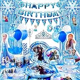 Frozen Geburtstagsdeko,136Pcs ELSA Geburtstagsparty Deko&Partygeschirr Set-ELSA Luftballon Banner Tischdecke Teller Papiertuch Tortendeko Zauberstab Tiara Ect für Mädchen Eiskönigin Geburtstagsdeko