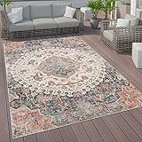 Paco Home Outdoor Teppich Kurzflor Garten Terrasse Wohnzimmer Vintage Pastell Orientalisches Muster Modern, Grösse:160x230 cm, Farbe:Grau