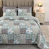 Qucover Blumen Patchwork Tagesdecke Bettüberwurf mit Kissenbezug Leichtes Mikrofaser Steppdecke Wendedesign Vintage Patchdeck Gesteppte Decke für Doppelbett Sofadecke Kuscheldecke (Grün Blumen)