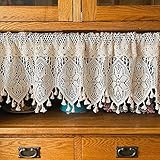 Ricemru Häkeloptik Scheibengardine Kurzstore Landhaus Gehäkelt Mandala Muster Retro Bistrogardine Kurz Gardinen Kleines Fenstervorhang Küche Tür mit Quaste,90x38cm