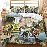 Antike Zeiten Dinosaurier Bettwäsche Set 3 Teile Dschungel Realistische Dinosaurier Bettbezuge Set Weiche Mikrofaser Kinder Bettbezüge Set (1 Bettdecke Cover+2 Kissenbezüge)(Size:240x220+2x80x80cm)