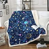 Loussiesd 3D Galaxy Sherpa Decke Kinder Jungen Weltraum Thema Fleece Überwurf Decke Cartoon Planeten Sterne Plüsch Decke Universum Sternenhimmel Fuzzy Decke für Sofa Bett Couch Baby 76,2 x 101,6 cm