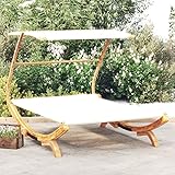 Homgoday Loungebett mit Dach Sonnenbett Gartenliege Sonnenliege Lounge Bett Hängematte Sonnenliege für Garten Terrasse Pool Balkon 165x203x138 cm Bugholz Massiv Creme