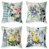 ZANHOG Kissenbezug 35x35cm, 4er Set Kissenhülle, Rosa Gelbe Blüten Quadratisch Kissenbezüge, Outdoor Dekokissen Modern Home Deko Kissen Bezug für Sofa Stuhl Garten Lounge Kissen Deko