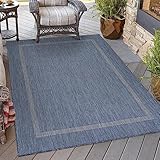 HomebyHome Waschbarer In & Outdoor Teppich Wetterfest 60x100 cm Blau - Balkon Teppich Wasserfest - Teppich Küche 60x100 cm Bordüre Design Camping Garten Terasse