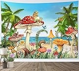 LB Wandteppich Lustiger Frosch auf Pilz Wandtuch Bunte Blume Grüne Palme Blaues Meer Wandbehang Märchenhafter tropischer Strand Tapisserie für Wohnzimmer Schlafzimmer Wohnheim Wanddeko,150x100cm