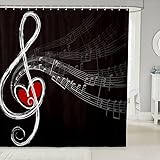 Musikthema Badezimmer Duschvorhang Set Flying Notes Bettwäsche-Set für Jungen Mädchen Kinder Herz Liebe Musikstil Rot Schwarz Badvorhang Raumdekoration 183 x 198 cm Kinder-Badezimmer-Zubehör