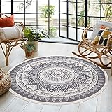 SHACOS Mandala Teppich Rund Grau 160 cm Baumwollteppich Rund Waschbar Runder Teppich Vintage Groß Handgewebter Outdoor Teppich für Wohnzimmer, Schlafzimmer, Flur, Garten
