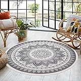 SHACOS Mandala Teppich Rund Grau 160 cm Baumwollteppich Rund Waschbar Runder Teppich Vintage Groß Handgewebter Outdoor Teppich für Wohnzimmer, Schlafzimmer, Flur, Garten