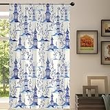 Vintage Japan Blaue Tinte Pagoden Sheer Vorhang Japan Print Sheer Fenster Voile Vorhänge für Wohnzimmer Schlafzimmer Zimmer Küche Esszimmer Dekor 139 x 213 cm