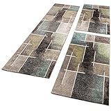 Paco Home Bettumrandung Läuferset Trendiges Design Kariert Eyecatcher in Grau Türkis Grün, Grösse:2mal 70x140 1mal 70x250