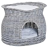 PawHut Rattan Katzenkorb Katzenhütte mit Kissen Katzenhöhle Katzenhaus mit Liegedach Haustierbett aus Wasserhyazinthe für Wohnzimmer Grau 56 x 37 x 40 cm