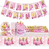 Ropniik 47PCS Princess Peach Geburtstag Deko,Princess Peach Geburtstag Partygeschirr Set,Geschirr mit Princess Themed Teller Servietten und Papierbecher für Kindergeburtstag Party