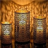 ZEYA Votiv Kerzenhalter 30 cm hoch, XL Windlicht Ornament schwarz Gold Metall, H 30+25+20 cm, 3er Set, orientalische Laternen, große Votivkerzenhalter Vintage, Deko Wohnzimmer