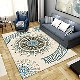 DJHWWD Teppich Kinderzimmer Teppich Antirutschunterlage Teppich Salon Blau Retro-Muster Von Geometrischen Blumen Teppich Arbeits Zimmer Kann Gewaschen Werden 100X160Cm Bettumrandung Teppich Blau