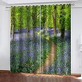 LAMPPE Thermovorhänge Wohnzimmer Modern Blickdicht 3D Wald Blaue Blumen Muster H 150 X B 60 cm 2 Stücke Blickdicht Schlaufenschal Verdunkelungsvorhang Vorhänge Gardinen Mit Ösen Fensterdeko
