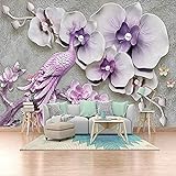 DEKii Stereoskopisches Relief Pfauen-Magnolien-Blumen Großes Kunst-Wandbild im europäischen Stil für Arbeitszimmer Schlafzimmer Fernseher Wanddekoration 3D-Tapete Wohnkultur Kleistern Sie die Fototap
