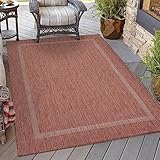 HomebyHome Waschbarer In & Outdoor Teppich Wetterfest 200x290 cm Rot - Balkon Teppich Wasserfest - Teppich Küche 200x290 cm Bordüre Design Camping Garten Terasse