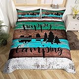 Kinder-Camping-Bettbezug-Set, King-Size-Größe, Landhausstil, Bettbezug mit 2 Kissenbezügen, 3-teilig, weiß-braun, Vintage-Holzscheune, junges Schlafzimmer, Geburtstagsgeschenke