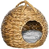 Pawhut Katzenhöhle aus Rattan Katzenhütte mit Tragegriff Katzenkorb Katzenbett mit waschbarem Kissen Haustierbett Hundehöhle Hundehaus Wasserhyazinthengras Flanell Hellbraun+Grau 41 x 38 x 41 cm