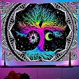 Hyakoz Fluoreszenz Uv Baum Des Lebens Wandteppich Psychedelische Wandteppich Lebensbaum Mond Sonne WanddekoAesthetic Natur Trippy Wandbehang Landschaft für Schlafzimmer Heim Dekoration