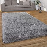 Paco Home Hochflor Teppich Wohnzimmer Schlafzimmer Shaggy Weich Modern Pastell Einfarbiges Design, Grösse:120x170 cm, Farbe:Grau