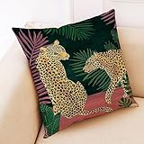 Skcess 1 Kopfkissenbezug 45x45cm, Zierkissenhüllen Grün Leopard Und Blätter Flanell Kissenbezug Sitzkissen Dekokissen Couchkissen Dekoration