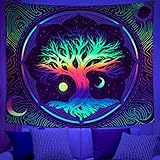 Dremisland Baum des Lebens Wandteppich Schwarz Licht Tapisserie UV Reaktives Schwarzlicht Poster Sonne und Mond Wandteppich Wandbehang für Schlafzimmer Heim Dekoration (L/148X200cm, Bunt)