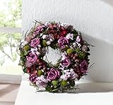 Deko-Kranz Lila Rose aus Naturmaterialien und Textilblüten, Hochzeitsdeko, Tischkranz, Ø 21 cm, Wandkranz, Rosenkranz, Schmuckkranz, Blumenkranz
