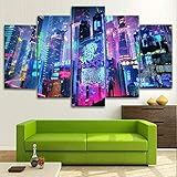 104Tdfc Leinwand Bilder 5 Teilig Kunstdruck Modern Wandbilder Bunte Neon City Cyberpunk Bild Format Wohnzimmer Wohnung Deko