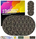 French KOKO Runde Kork Platzsets für Esstisch Set mit 4 Tischsets und 4 Untersetzern Platzsets für Küchentisch mit Untersetzer Set Runde Tischset Hübsche Tischdekoration Küchendekor Schwarz