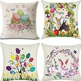 Mefooge 4er-Set Kissenbezug 35x35cmOstern Leinen Dekokissen Kissenbezug Quadratische Kissenhülle mit Unsichtbarem Reißverschluss für Sofa Stuhl Schlafzimmer Hausgarten Kissenbezüge