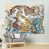 JAWO Asiatischer Wandteppich, chinesischer Drache und Tiger in der Landschaft mit Wasserfall-Wandteppich, Wandkunst zum Aufhängen für Schlafzimmer, Wohnzimmer, Wohnheim, 152 x 101 cm