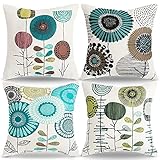 RYBornament 4er Set Kissenbezüge 45 x 45 Blumen Kissenhülle Sommer Dekokissen Sofakissen Kissen Blau Abstrakt Kissenbezug Vintage Bauernhaus Leinen Kissen Bezug Für Sofa Wohnzimmer Garten