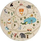 the carpet Happy Life Kinderzimmer, Kinderteppich, Spielteppich, Waschbar, Straßenteppich, Straße, Dschungel, Tiere, Auto, Rund, Beige, 160 cm Rund