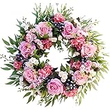 U'Artlines Kunstrose Blumenkranz 40cm Türkranz mit grünen Blättern Weihnachtskranz für Haustür, Hochzeit, Wand, Wohnkultur