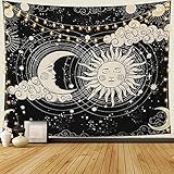 Dremisland Sonne und Mond Wandteppich Wandbehang Schwarz Mandala Tuch Wandtuch Brennende Sonne mit Sternen Floral Mystic Aesthetic Tapisserie für Schlafzimmer Wohnzimmer(Schwarz, L/148X200 cm)