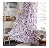 Homxi Gardinen Lichtundurchlässig 2er Set 2 x 150W x 180H cm,Vorhänge Schlafzimmer Halbtransparent Rot Blau Blumenmuster und Quasten Gardinen Fensterhaken