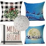 Outdoor Wasserdicht Kissenbezug 75x75cm 4er Set Sofakissen Weihnachten Dekokissen Platz Landschaft Kissenbezüge Sofa Dekorativ Kissen Leinen Kissenhülle für Garten Auto Wohnzimmer Deko Kissen Z-6941