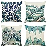 Abstrakter Wellenberg wasserdichte Kissenbezugen,4 Stück 35x35cm Dekorative Outdoor Kissen Wasserfest Atmungsaktiv Doppelseitige Leinen Kissenbezüge für Garten Bauernhaus Wohnzimmer Schlafzimmer