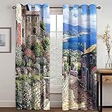 Vorhänge Schlafzimmer 3D Seaside Garten Landschaft Blackout Curtain Verdunkelung 220x210 cm Gardinen Blickdichte Vorhänge Schlafzimmer Ösen Thermo Vorhang, Mit Muster Für Fenster Wohnzimmer